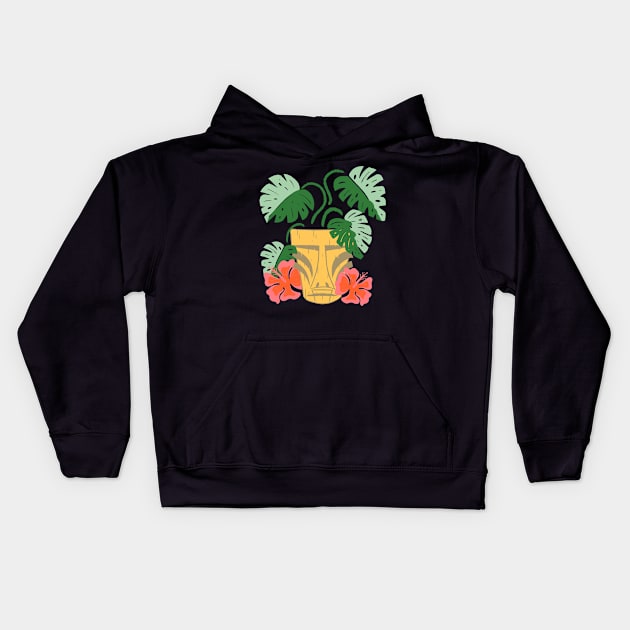 Potted Tiki Green Monstera Houseplant with Hibiscus Flowers Kids Hoodie by ksrogersdesigns